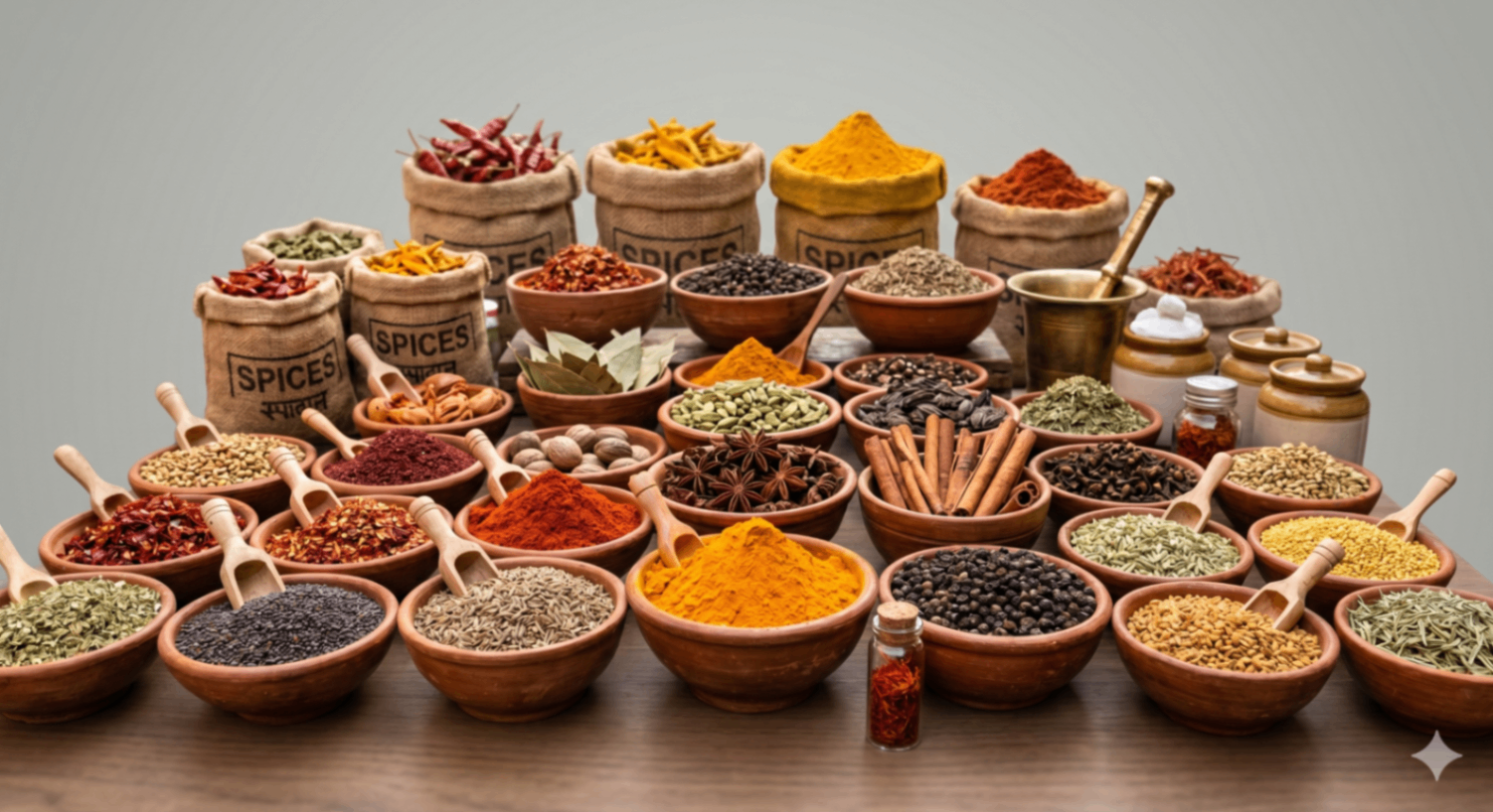 Vibrant flat-lay of whole spices, cinnamon, cardamom pods and rich powders in rustic containers